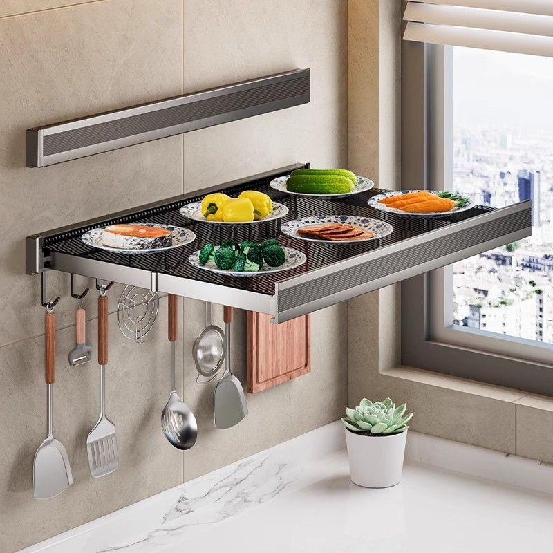 Kitchen Foldable Food Storage Rack Wall Punching Multi-Functional Side ...