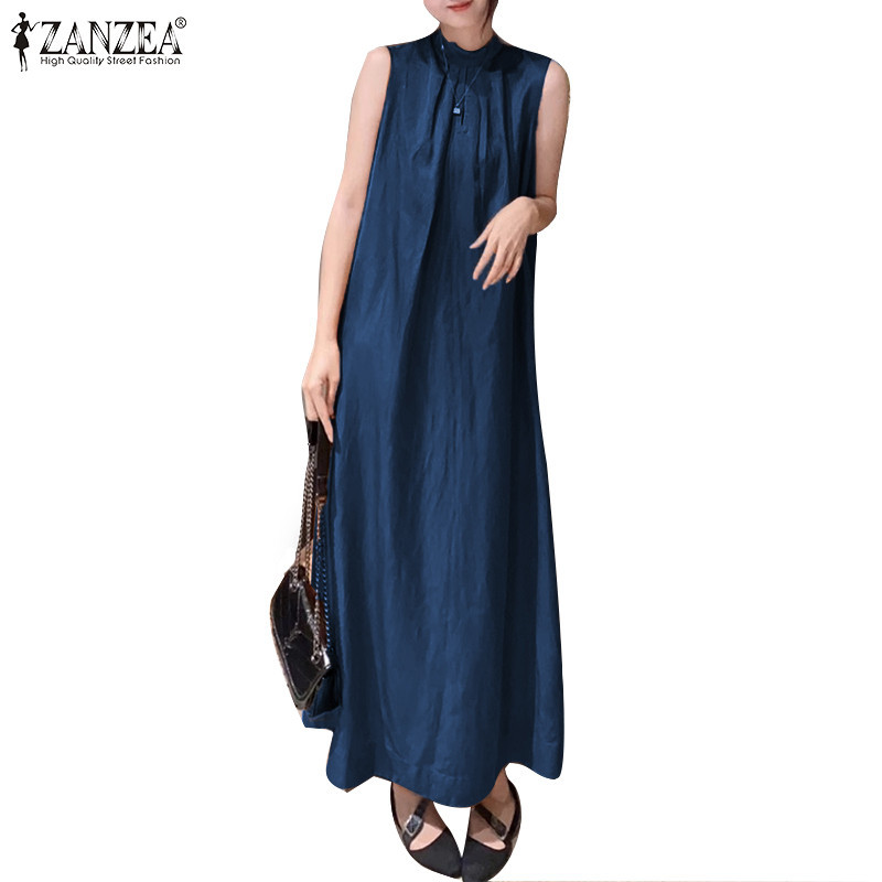 ZANZEA Women Casual Loose Solid Sleeveless Stand Collar Long Dresses |  Shopee Singapore