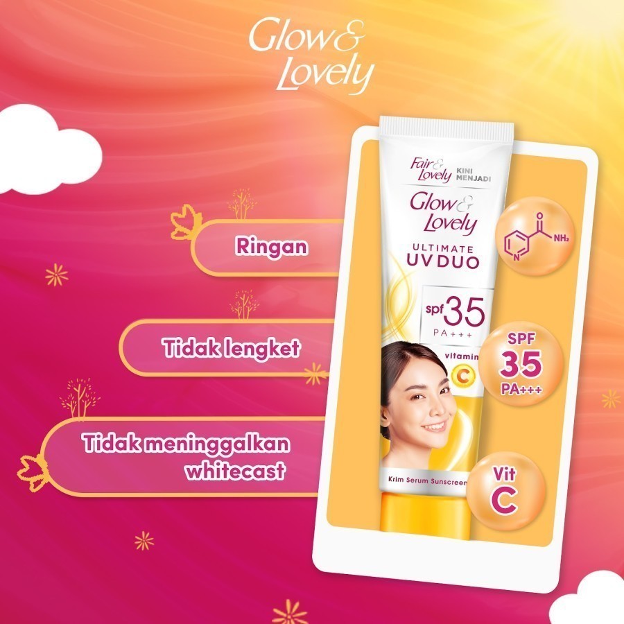 Glow & Lovely Ultimate UV Duo Krim Vitamin C SPF 35 PA+++ - Sunscreen / Merah Jingga Official - Gambar 4