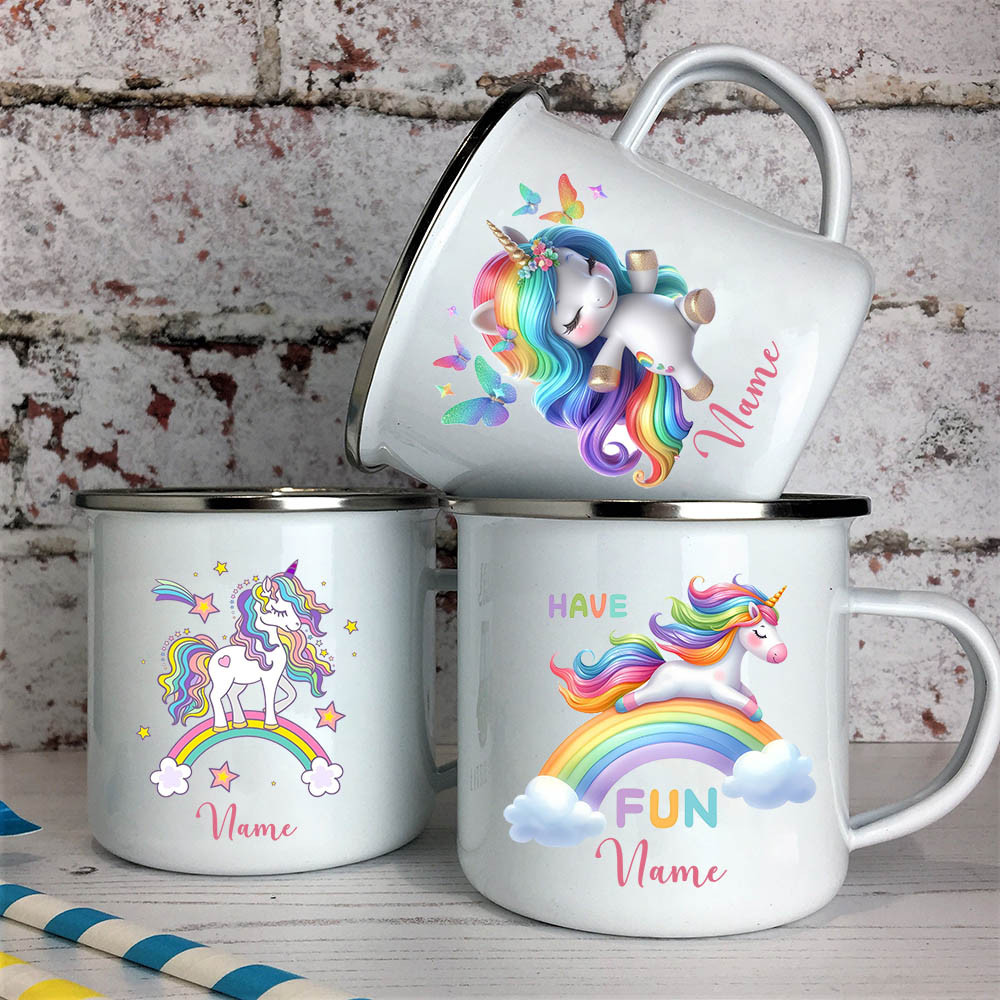 Custom Unicorn with Name Print Enamel Mug Cartoon Mug Water Cup Unicorn ...