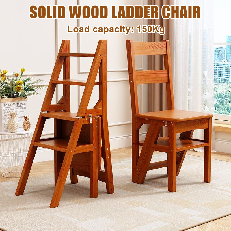 Solid Wood Ladder Foldable 4-Step Stool Dual Purpose Stepladders ...