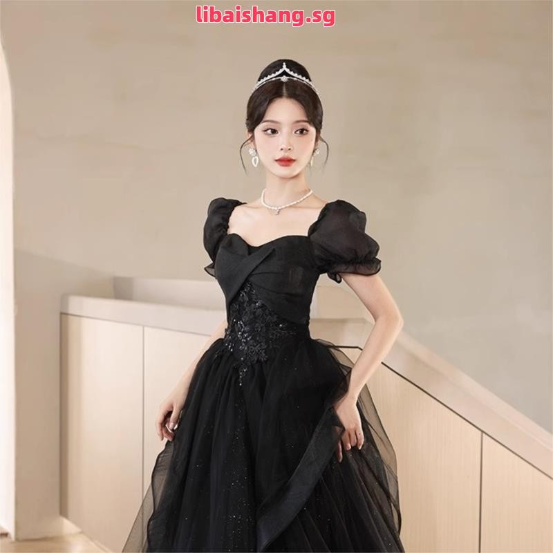 Hawlife Korean Black Puff Sleeve Elegant Civil Wedding Cocktail Prom Dinner Dress  Gown 42 | Shopee Singapore