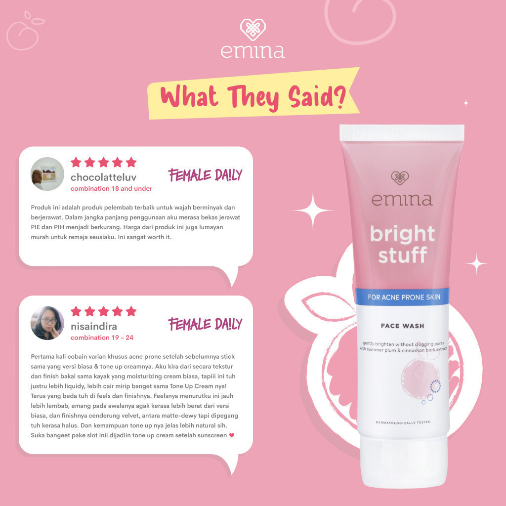 Emina Bright Stuff for Acne Prone Skin Face Wash 100 ml - 50ml / Merah Jingga Official - Gambar 4
