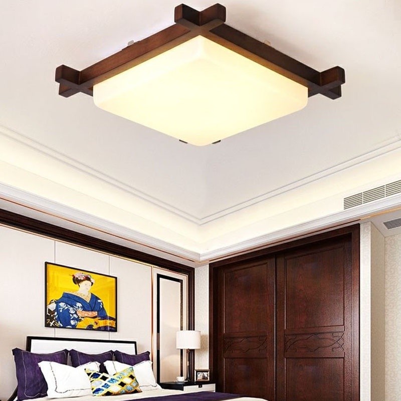 Wooden Square Ceiling Lighting Japanese Walnut/Log Color Ceiling Light