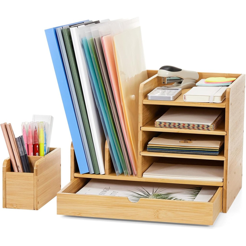 Bamboo Desk Organizer with File Holders, Wooden Table Files Storage ...