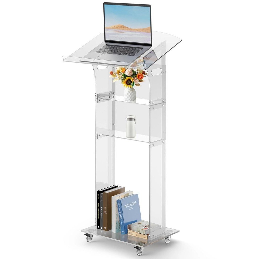 Minimalist Lectern with Wheels for Meetings, Transparent Modern Acrylic ...