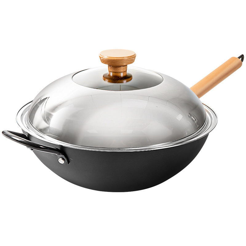Carbon Steel Wok 14.2”, Flat Bottom, Durable Stir-Fry Pan, Pre-Seasoned ...