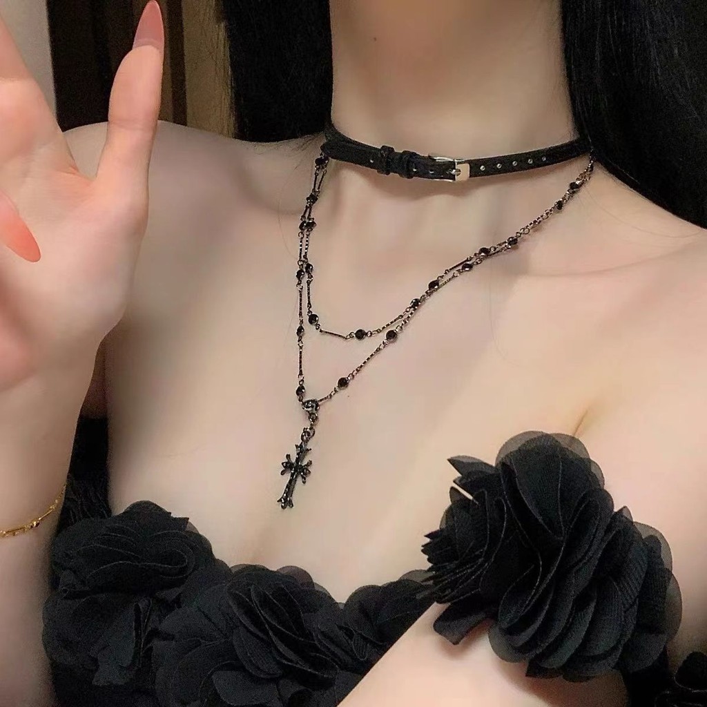 Cool Trend Black Cross Pendant Chain Necklaces for Girls Leather