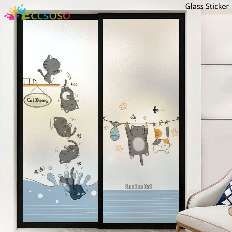 Cute Cat Window Decoration Glass Sticker Bathroom Frosted Privacy Film ...