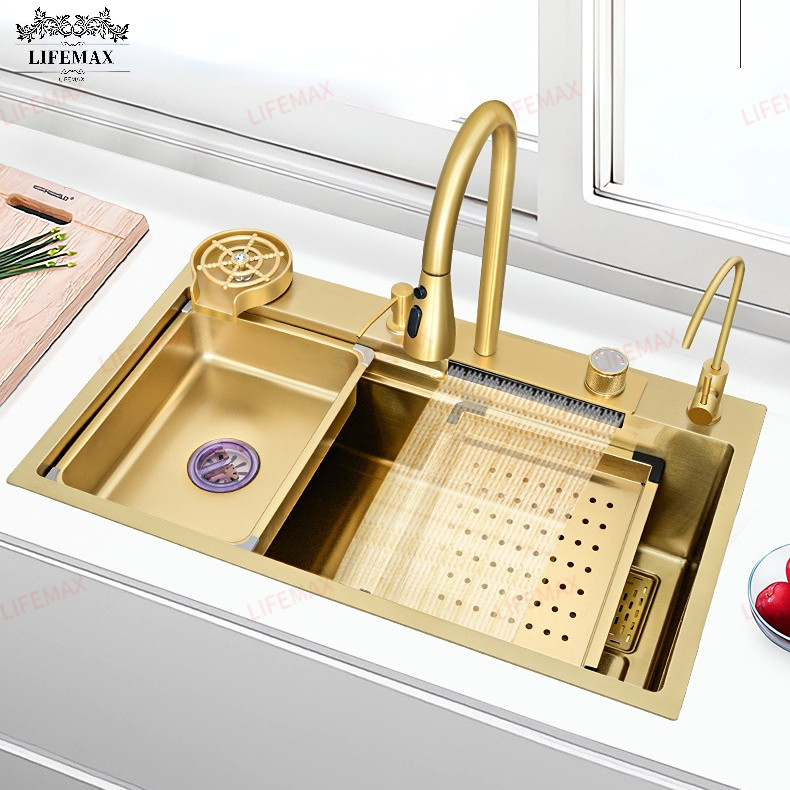 (SG LOCAL STOCK/48H DELIVERY）Gold Waterfall Kitchen Sink 304 Stainless ...