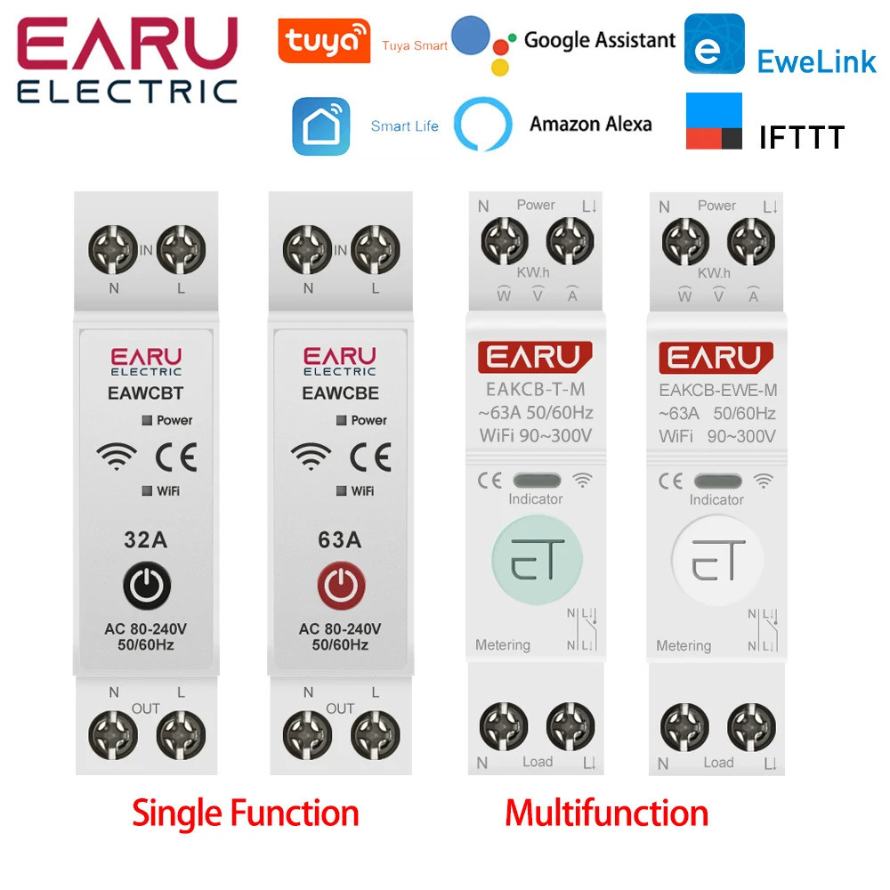 63A 1P+N WIFI Smart Switch Circuit Breaker Kwh Energy Meter Monitor ...