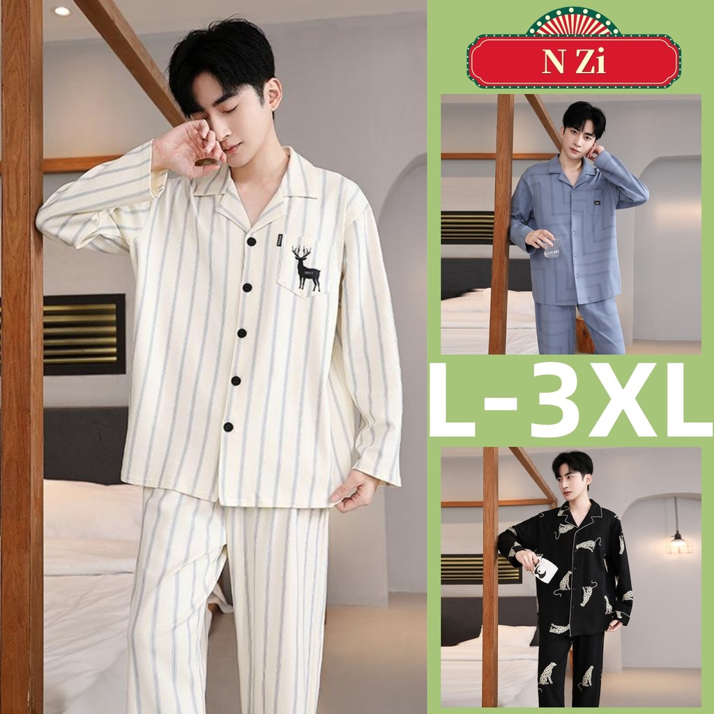 Pyjamas Men Plus Size Pajamas Set Autumn winter Long sleeves Sleepwear Man  Cotton Loose Night wear minimalist style Home wear | Shopee Singapore