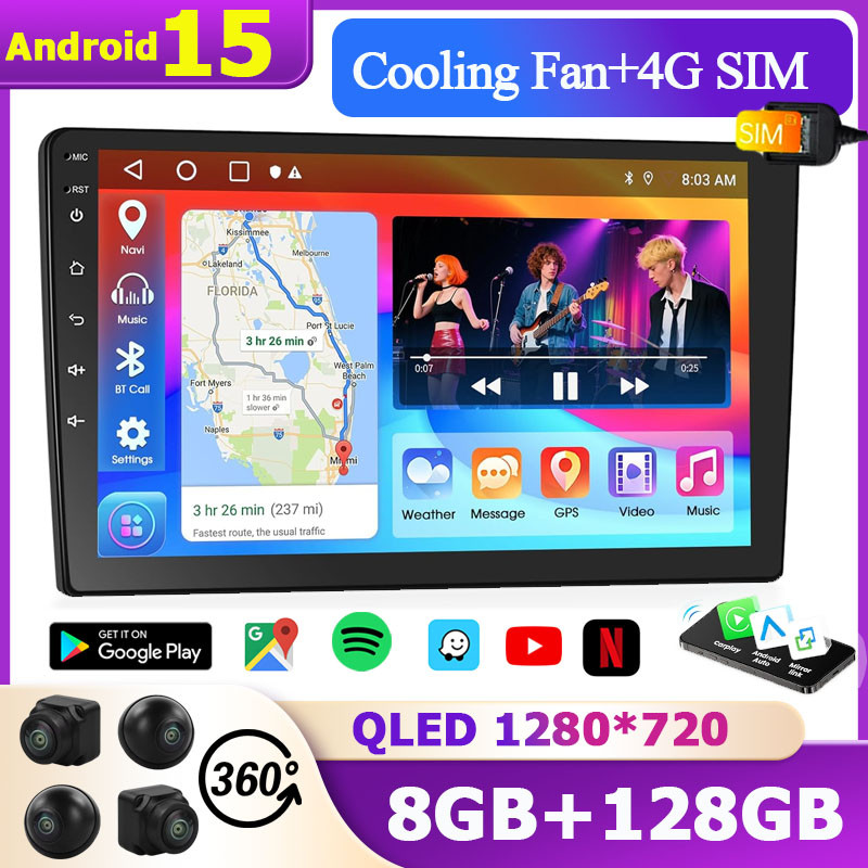 【4G SIM+Cooling Fan】8Core 8GB+128GB Car android player with 360 camera ...