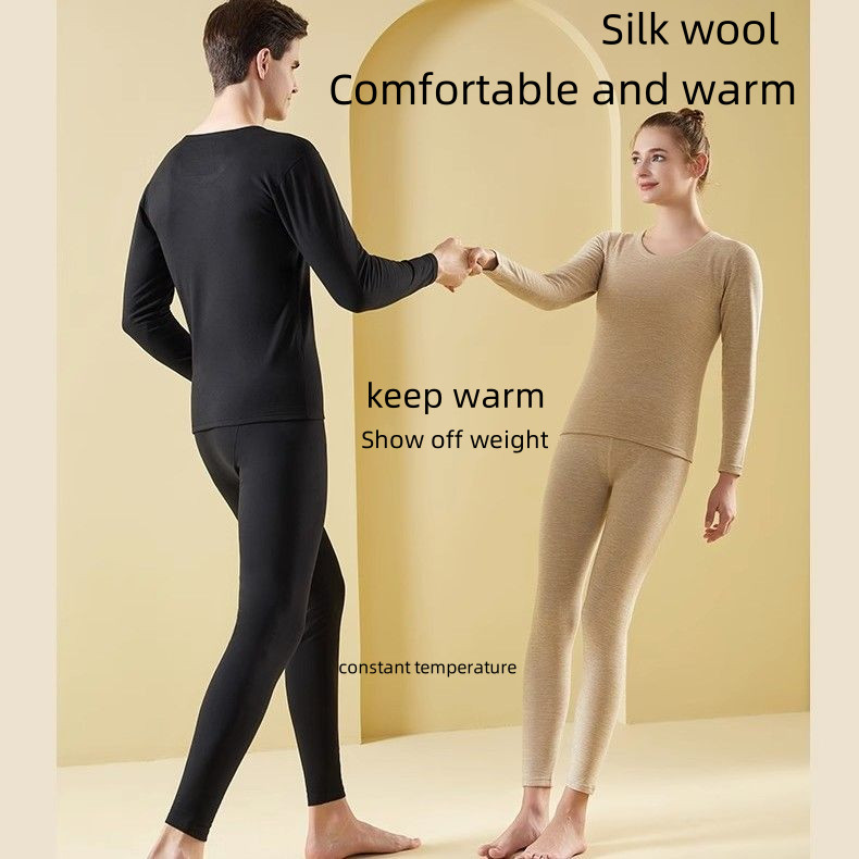 Men Heat Tech Inner Wear Fleece Long John Autumn Winter Thermal Underwear Cashmere Top and Pants Wool and Silk Warm Thermal Wear Set for Women