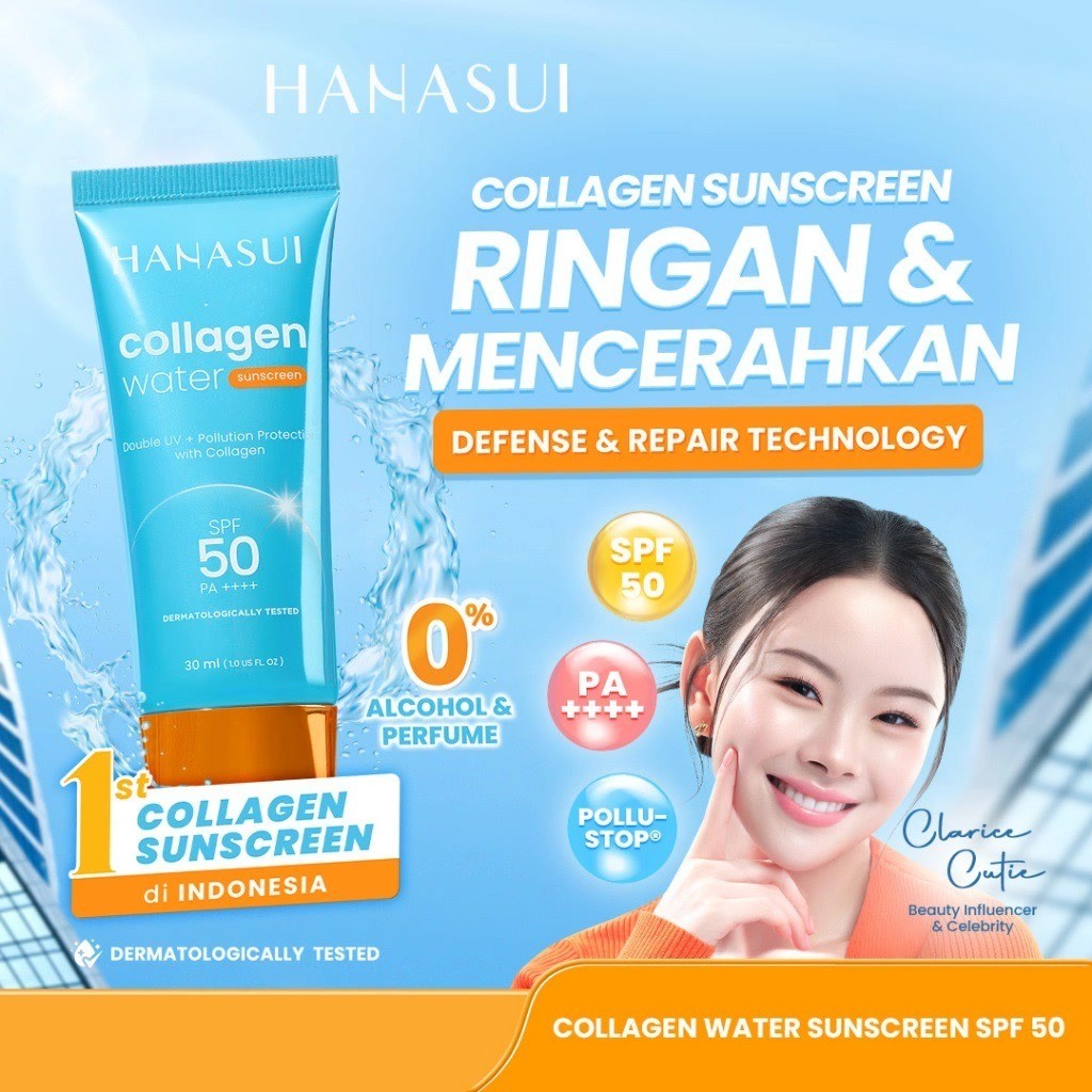 Hanasui Collagen Water Sunscreen SPF 50 30ml / Merah Jingga Official - Gambar 2