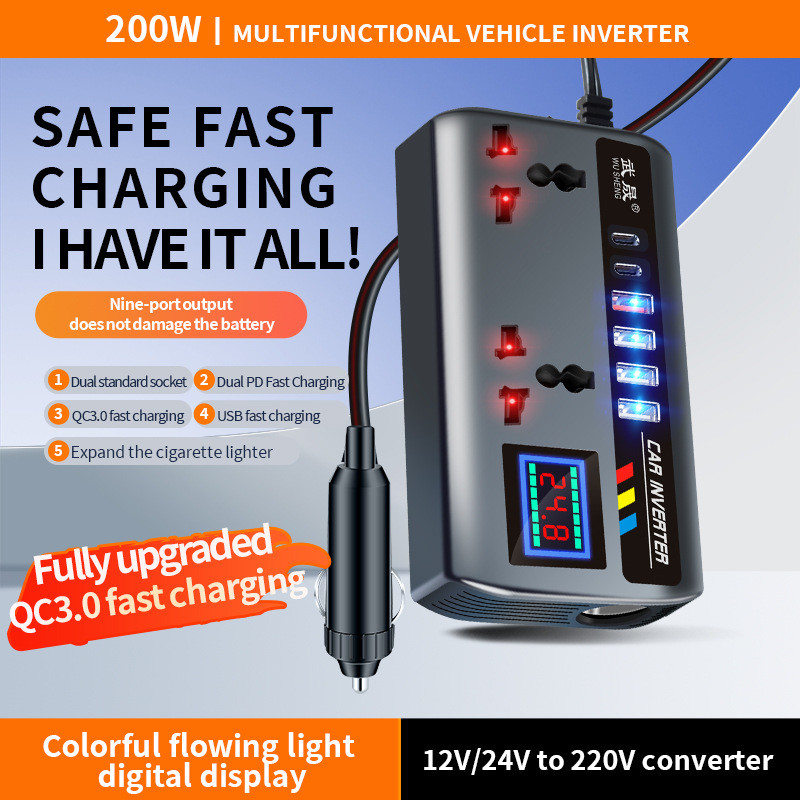 Portable Car Inverter 12V/24V To 220V Outlet Adapter with 3 USB Ports ...