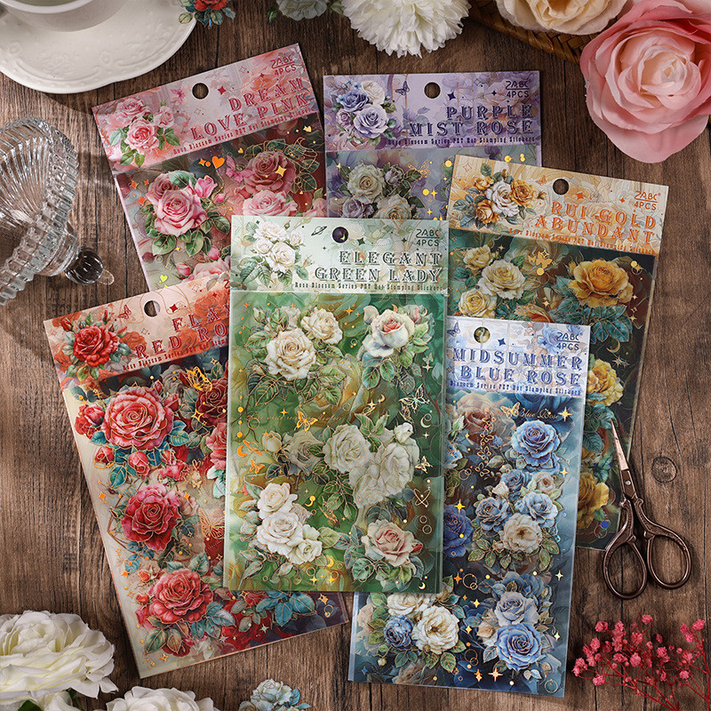 4 Sheets/pack Nature Themed Transparent Stickers for Scrapbooking Rose ...