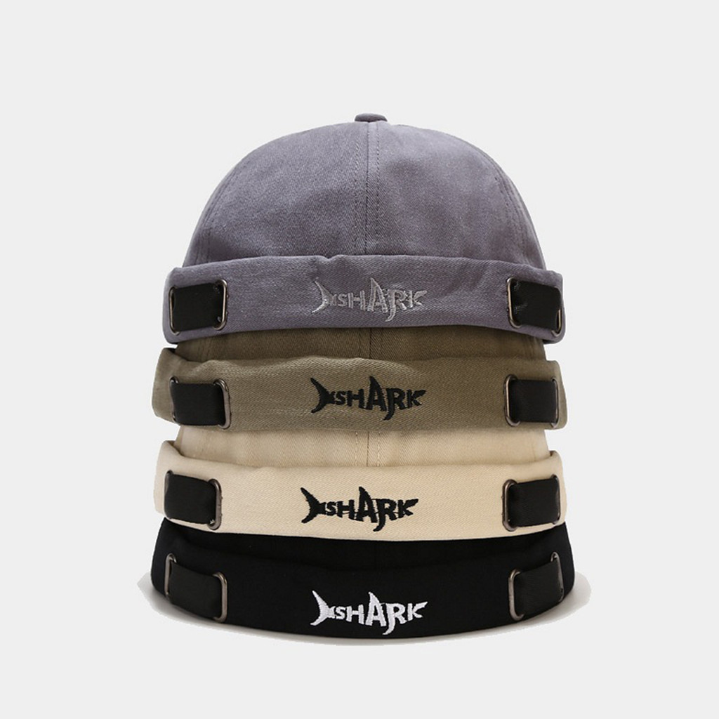 Shark Embroidered Letters Sailor Cap Brimless Hat Docker Hat Vintage