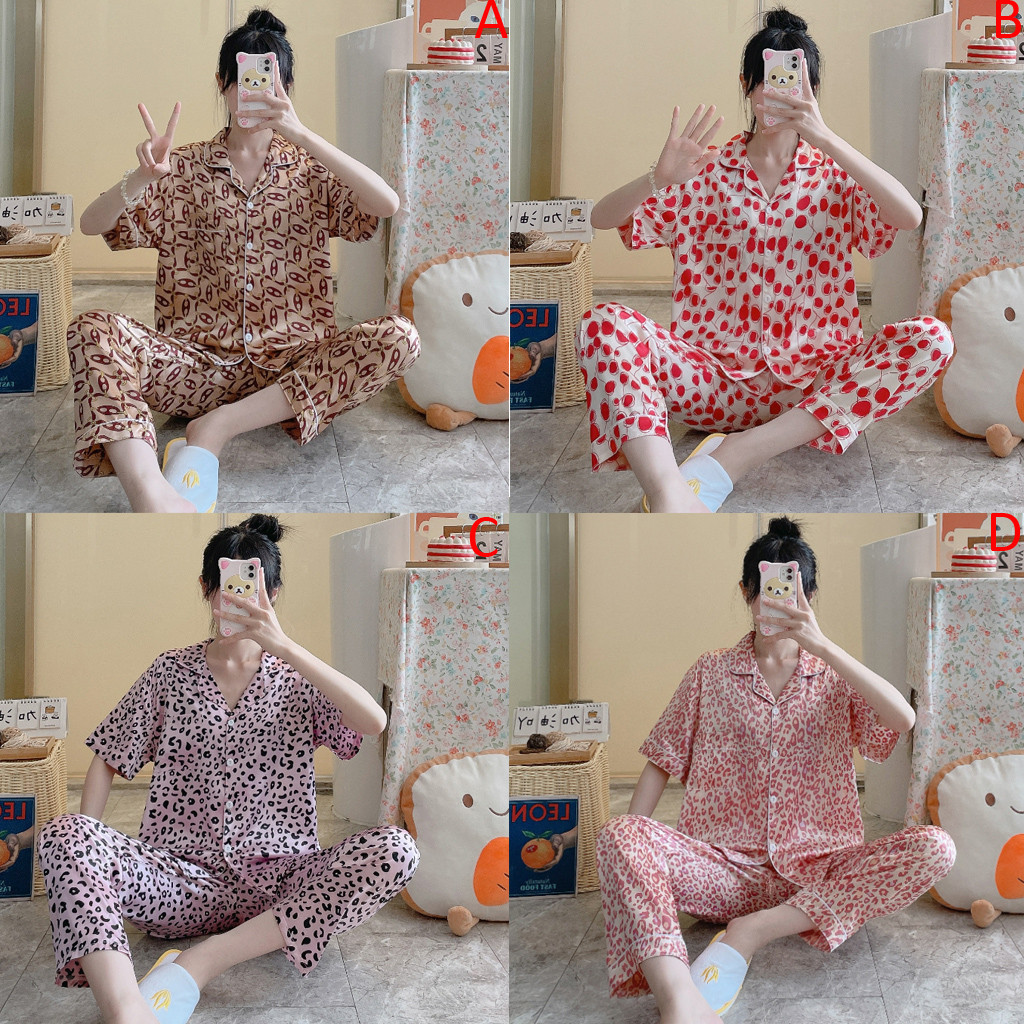 Korean Fashion Women Silk Satin Leopard Print Pyjamas Set Female Short Sleeve Sleepwear Pajamas Homewear Clothing