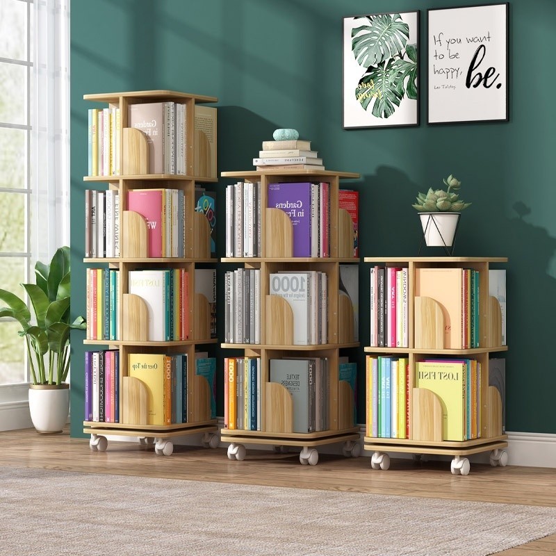 Rotating Bookshelf Mobile Book Rack Cabinet Wooden Bookcase Rack With ...