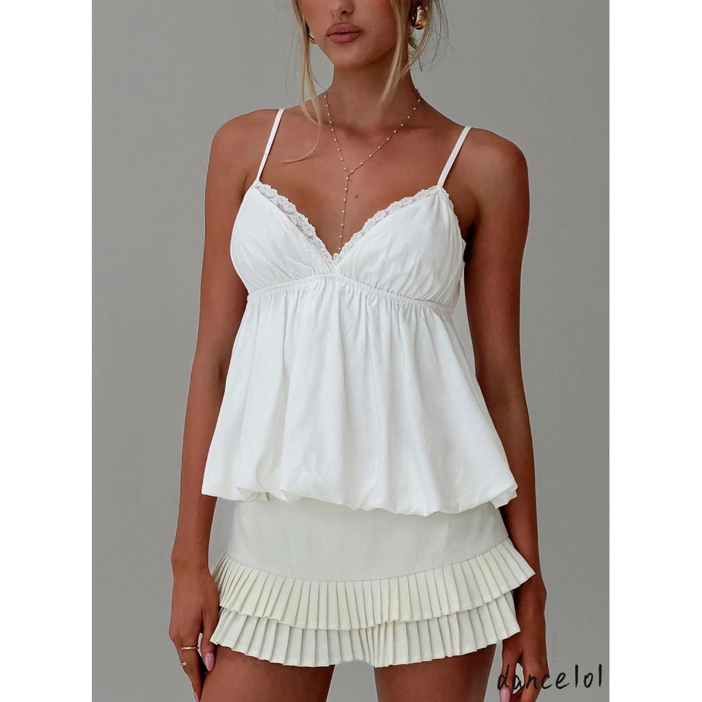 dance1o1-Women´s Sweet Spaghetti Strap Lace Trim V-Neck Flowy Hem Tank ...