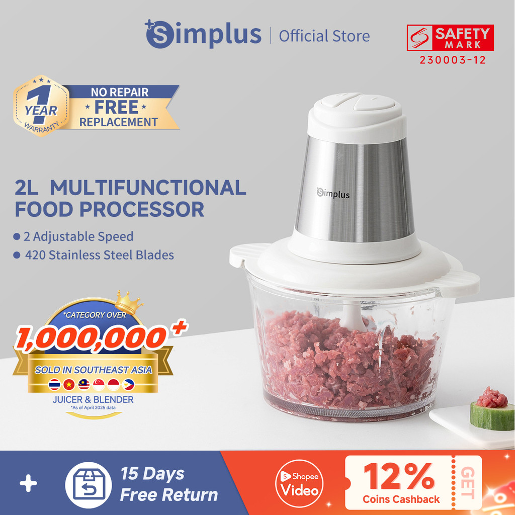 Simplus 1.8L Food Processor Large Capacity 300W Powerful Motor Meat ...