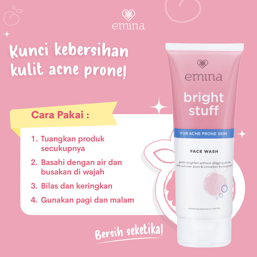 Emina Bright Stuff for Acne Prone Skin Face Wash 100 ml - 50ml / Merah Jingga Official - Gambar 3