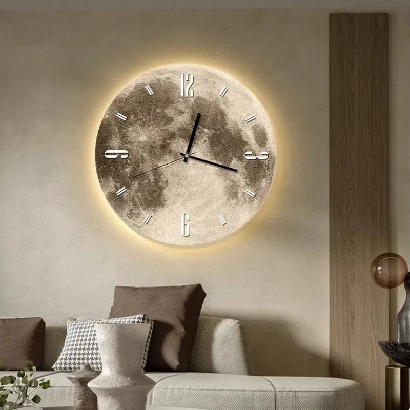 Round Moon Surface Quartz Luminous Clock Silent Wall Clock Battery ...
