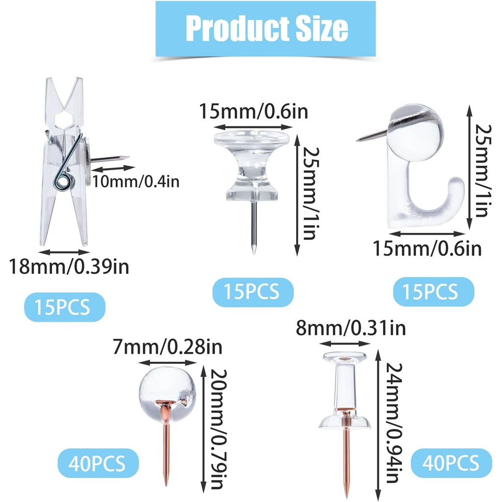AIEX 125pcs Push Pins Set, Including Clear Plastic Push Pin Hooks ...