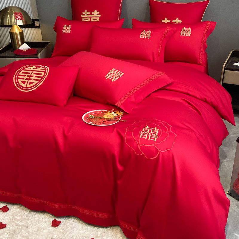 4 IN 1 Red Wedding Chinese Style Hollow Out Bedsheet Set Washed Cotton