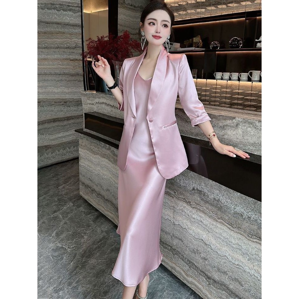 Women's office pink satin long sleeve lapel blazer satin silk midi