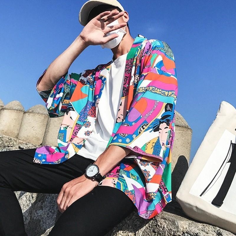 Men Japanese Kimono Casual Half Sleeves Cardigan kimono men Shopee Singapore