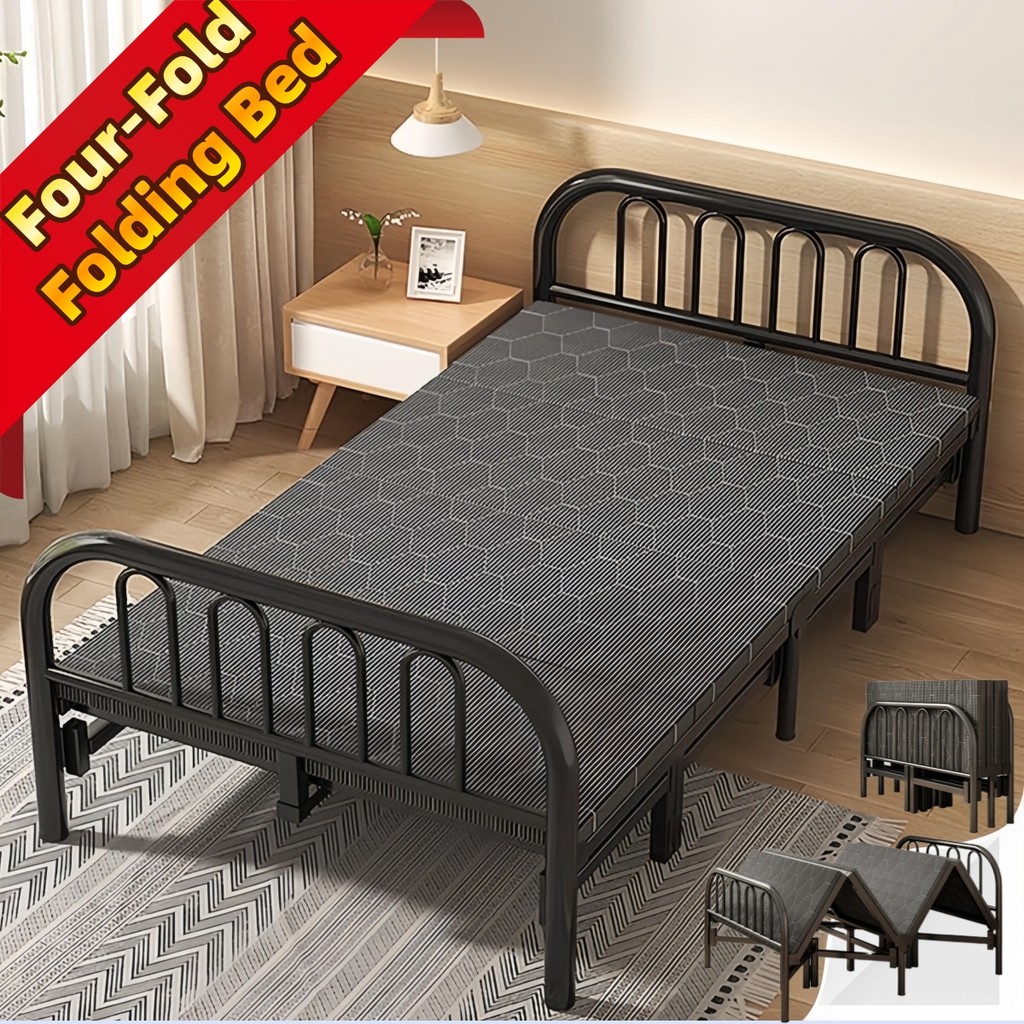 Foldable Bed Frame Single Bed with Thick Cushion Office Camp Bed ...