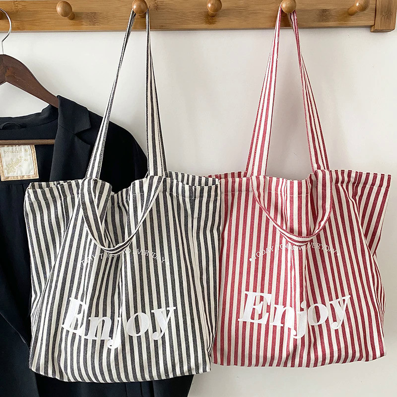 Women Portable Shoulder Bag Thin Canvas Handbag Enjoy Everyday Stripes Design Large Capacity Shopping Tote Cute Cloth Purses Shopee Singapore