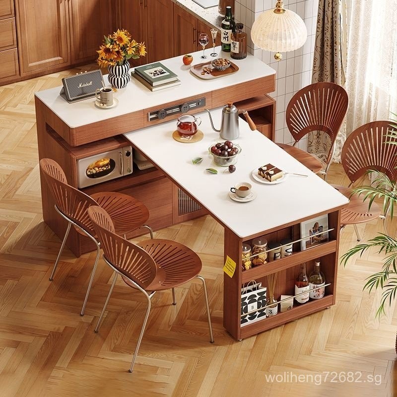 Mid-Ancient Style Solid Wood Kitchen Island Dining Table Integrated ...