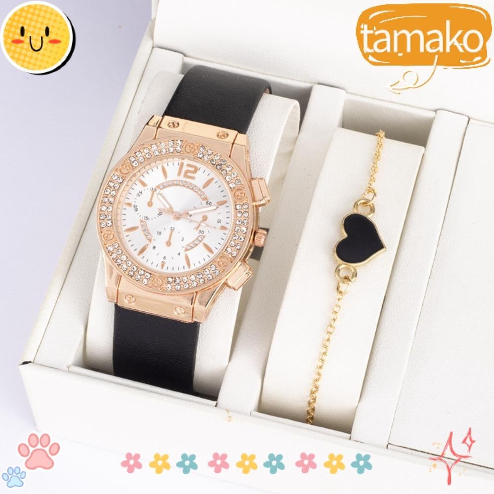 TAMAKO Watches Bracelet Set Rhinestone Alloy Quartz Wristwatches Leather Watch Band Ins Style Luxury Retro Watch Women