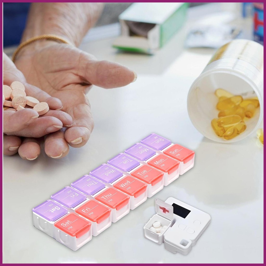 Pill Dispenser with Alarm Pill Digital Organizer Reminder Box 14 Grids ...