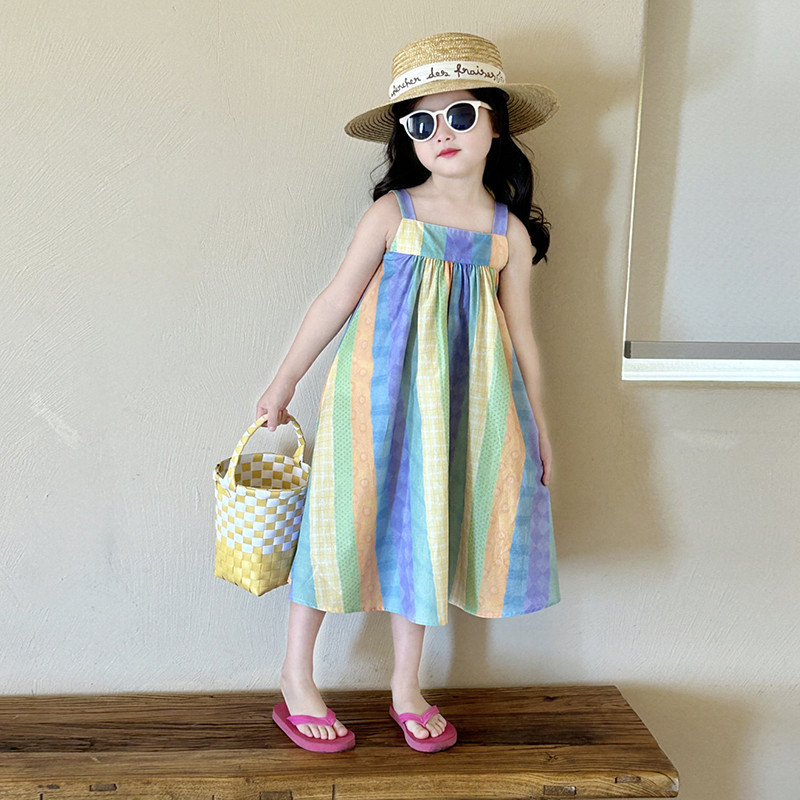 Children s Girls Striped Slip Dress Korean Casual Loose Summer Seaside Resort Style Beach Dress