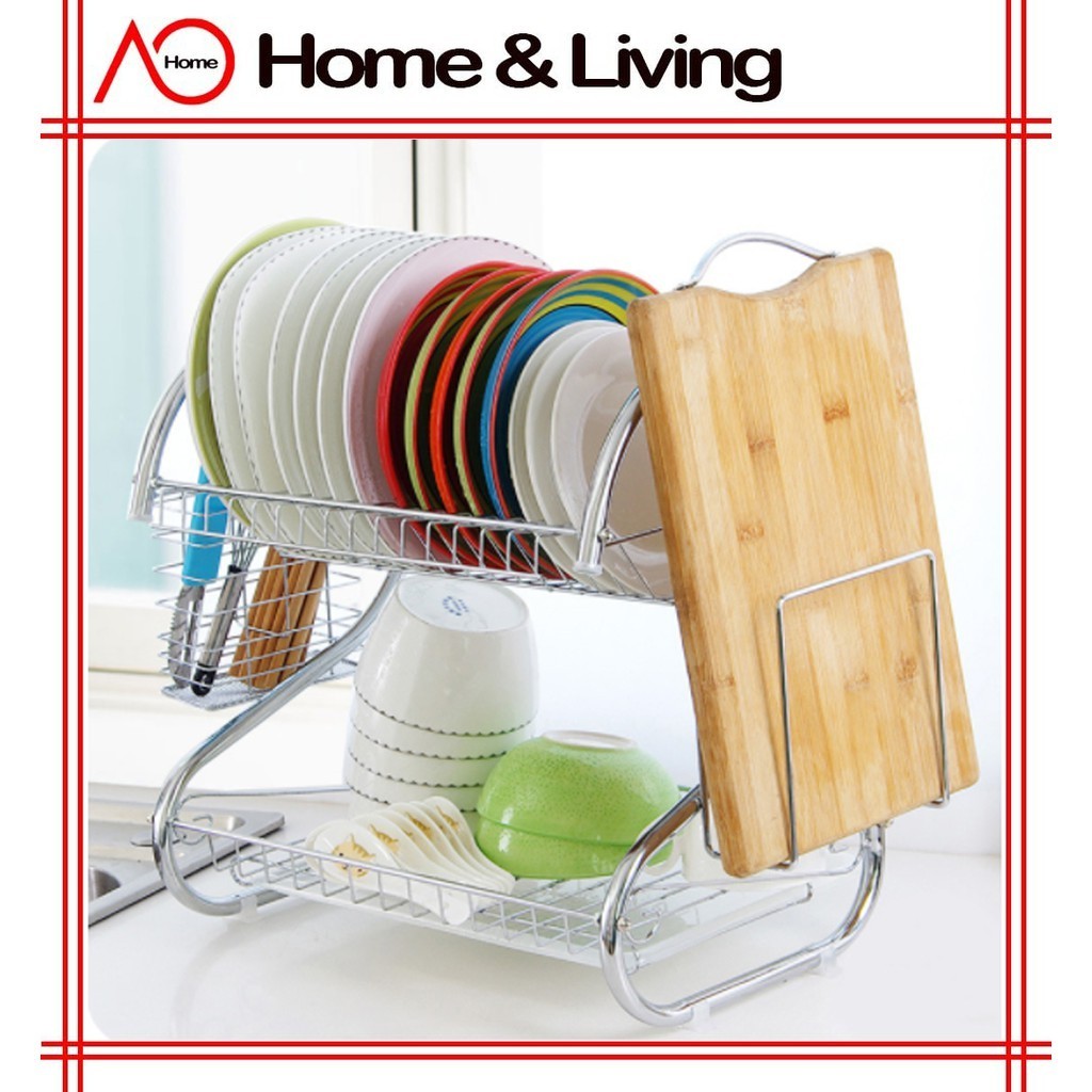 AO Home Stainless Steel 2 Layer S Shape Dish Rack Set with Tray Kitchen ...