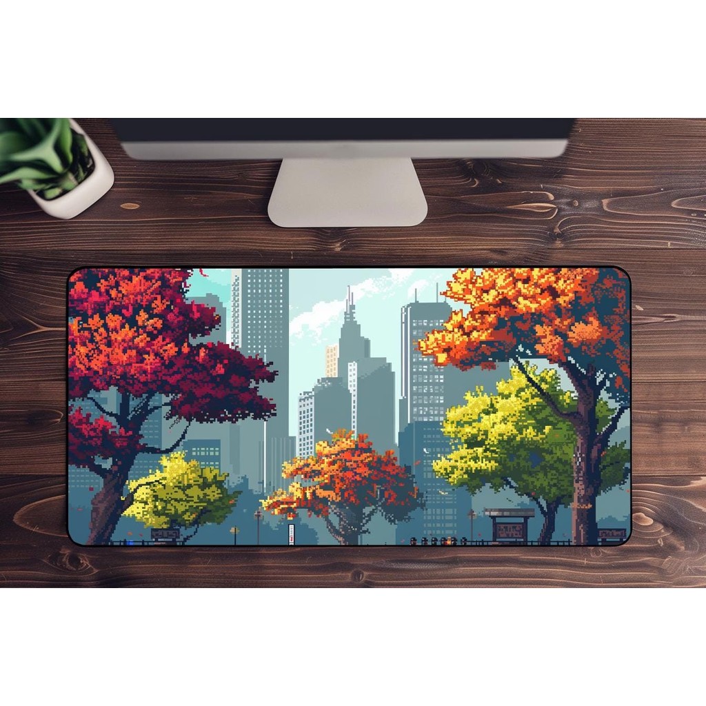 City Pixel Art Desk Mat, Park Forest Desk Mat, 8bit city desk mat, City ...