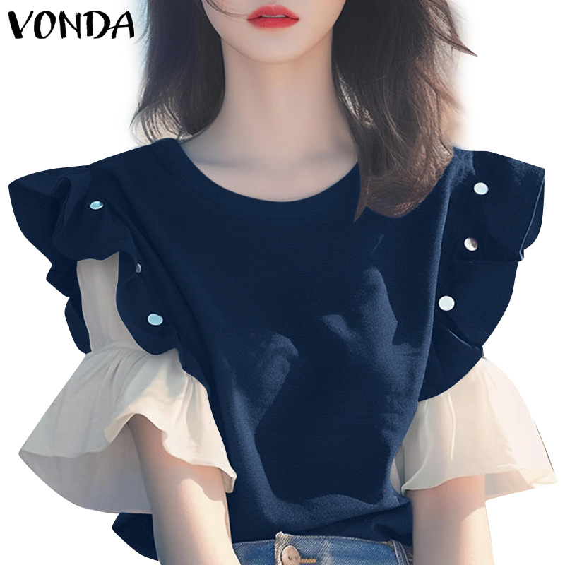 Vonda Women Korean Casual Round Neck Ruffle Short Sleeve Blouses Shopee Singapore