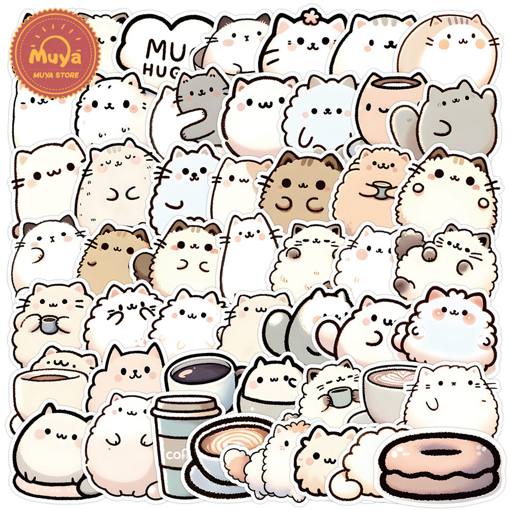 MUYA 50pcs Cute Cat and Coffee Stickers Pack Waterproof Animal Vinyl ...