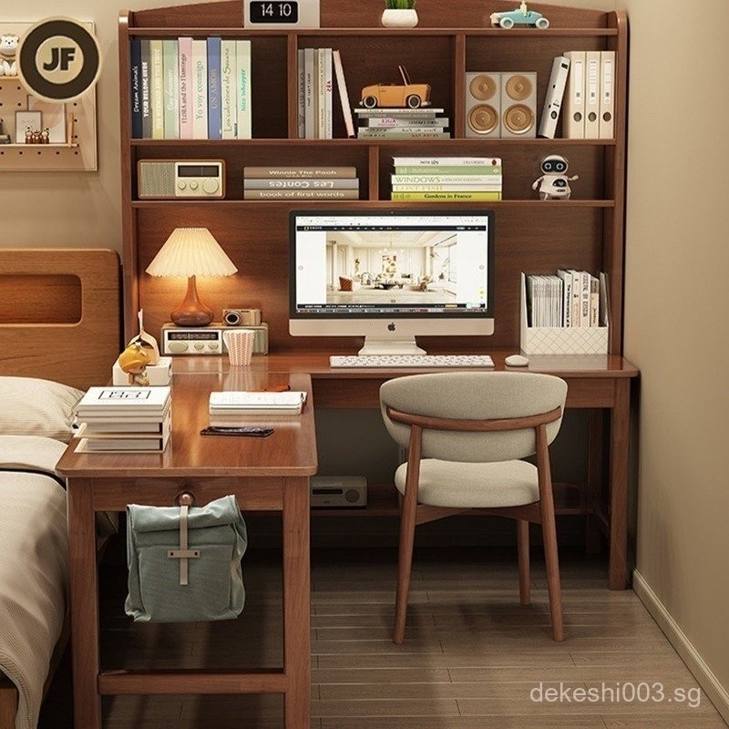Solid Wood Study Desk With Bookshelf L Shaped Writing Table Office ...