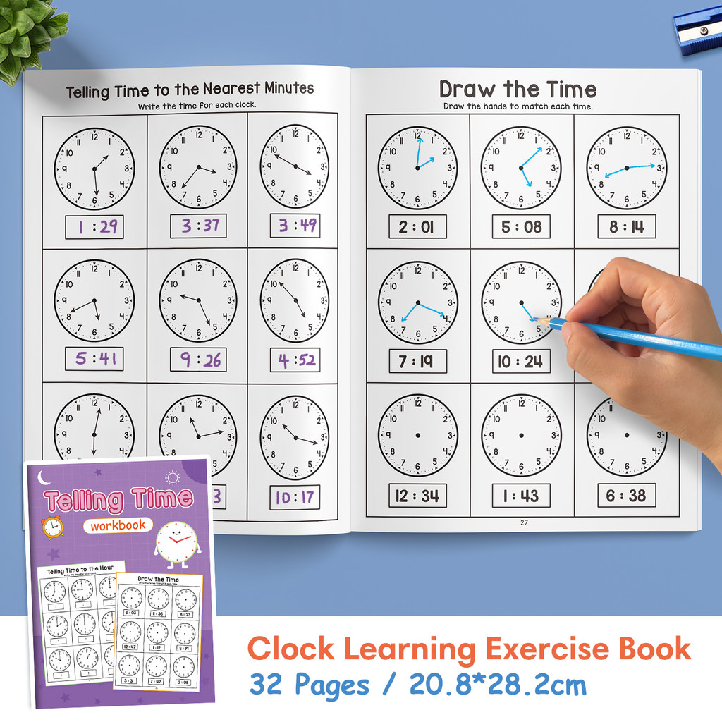 32 Pages Telling Time Maths Workbook for Kids Write & Draw Minute Hand ...