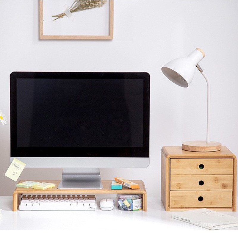 Screen Desktop Bamboo Office Storage Rack Drawer Monitor Stand ...