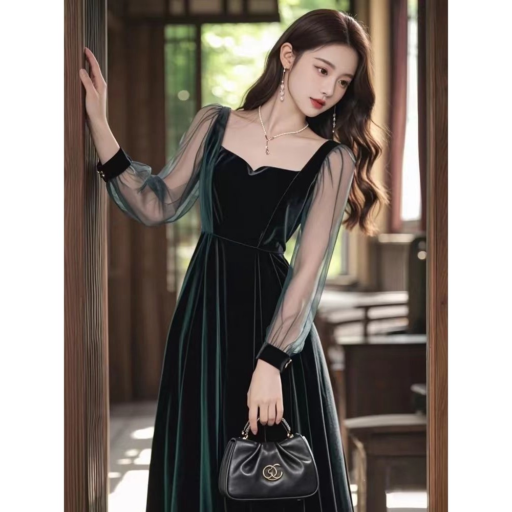 Dress Slimmer Look a Line Skirt Large Size Women s Suit Large Size Long Skirt Women s Dress French Hepburn Style Spring Autumn New Style Light Luxury High End Temperament Super Beautiful Green Gold Ve...