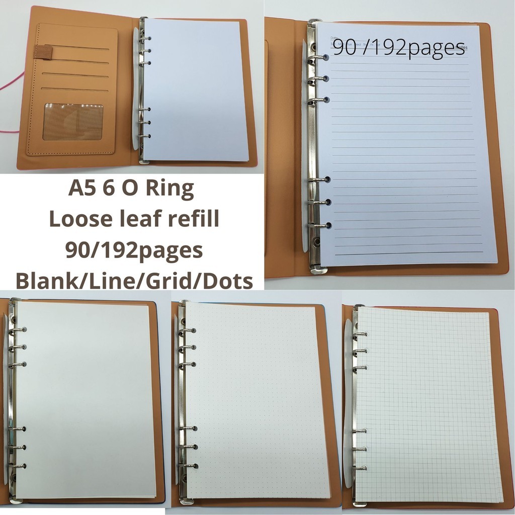 A5 6 O Ring Loose Leaf Refill 192pages Line Blank Grid Dots Undated ...