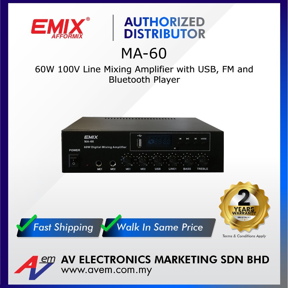 Emix MA-60 60W 100V Line Mixing Amplifier with USB, FM and Bluetooth ...