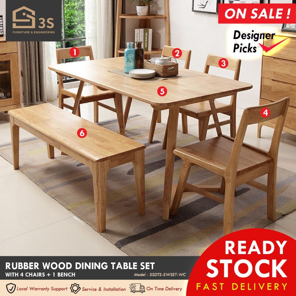 [3S FURNITURE] *Designer Pick* Modern Solid Rubber Wood Dining Table ...