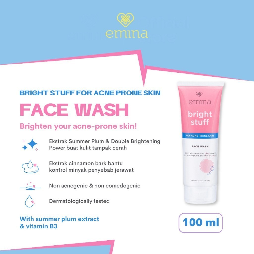 Emina Bright Stuff for Acne Prone Skin Face Wash 100 ml - 50ml / Merah Jingga Official - Gambar 2